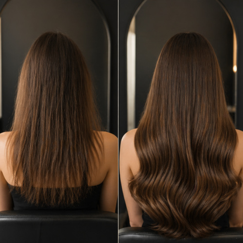 Vorher Nachher Haarverlängerung in Zürich – natürliches Ergebnis mit vollem Volumen