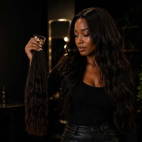 Nanoring Extensions Zürich unsichtbare Haarverlängerung natürliche Volumen schwarze Frau