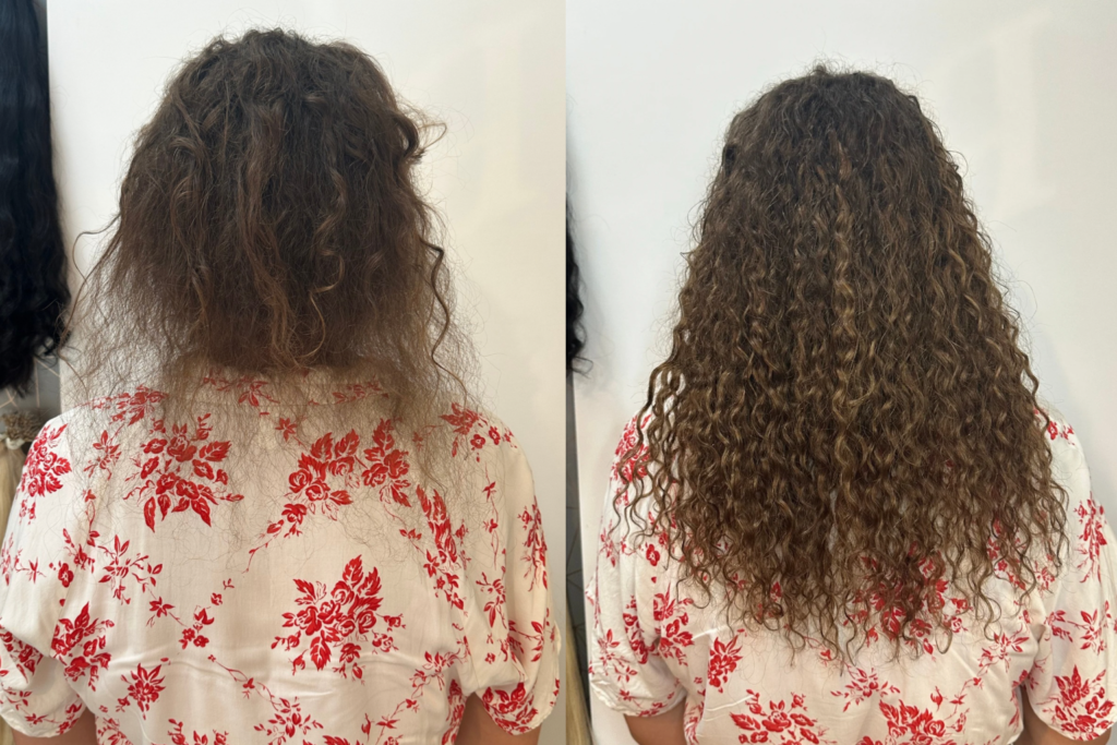 Haaverlängerung für lockiges Haar Zürich vorher Nachher